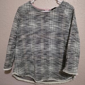 W5 Textured Plaid Knit Top L Made USA Back Zip Raw Hem Boutique